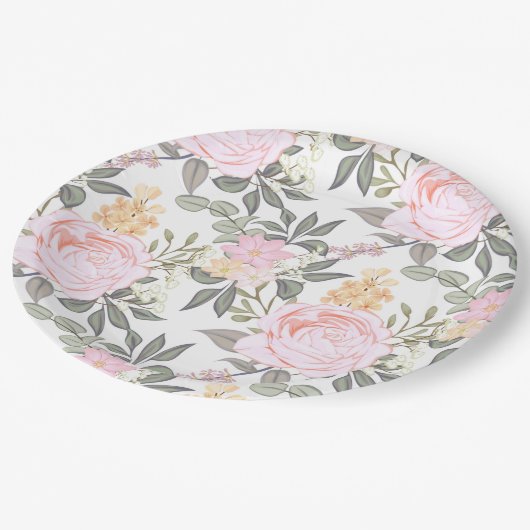美しいフローラピンクのバラと緑の葉 ペーパープレート (アングル)