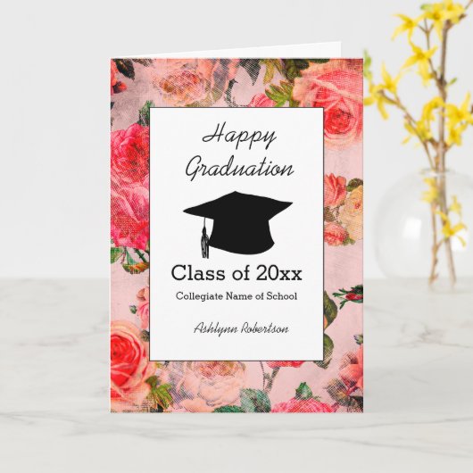 美しいフローラピンクの卒業 カード (黄色い花)