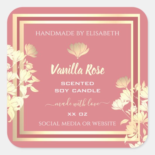 美しいフローラピンクの金ゴールド製品の包装ラベル スクエアシール (正面)