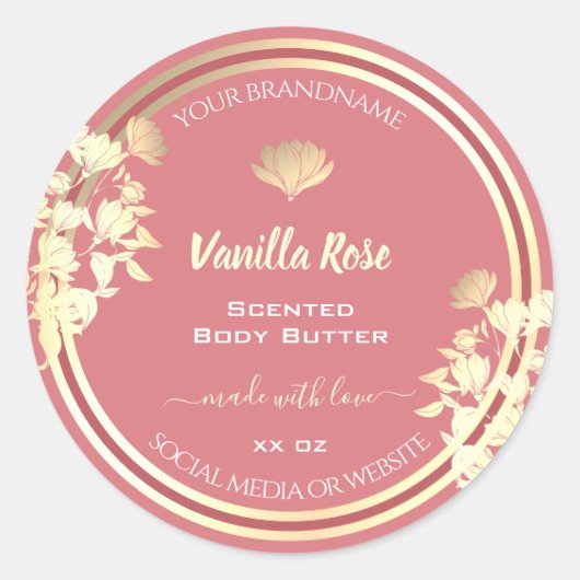 美しいフローラピンクの金ゴールド製品の包装ラベル ラウンドシール (正面)