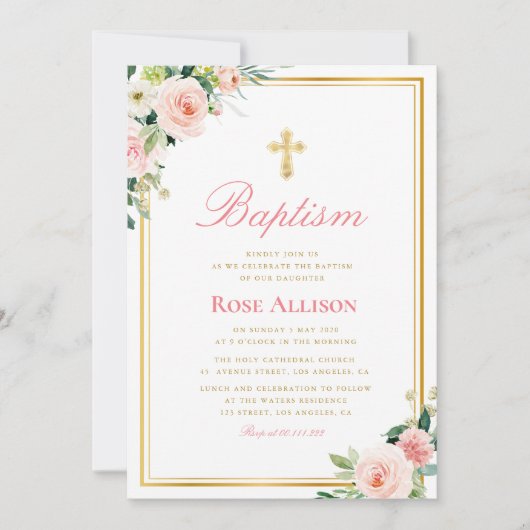 美しいフローラフェイク金ゴールドフレーム洗礼 招待状 (正面)
