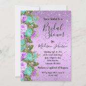 美しいフローラブライダルシャワー – 紫とティール(緑がかった色) 招待状 (正面)