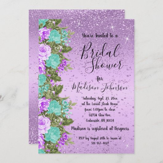 美しいフローラブライダルシャワー – 紫とティール（緑がかった色） 招待状 (正面/裏面)