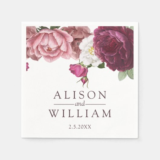 美しいフローラブルゴーニュ結婚ーズ スタンダードカクテルナプキン (正面)