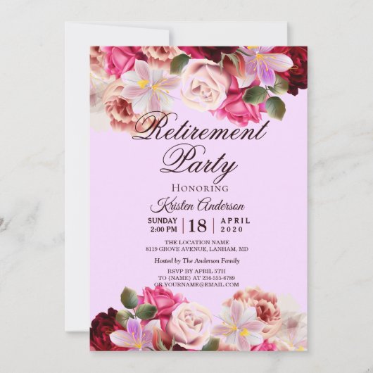 美しいフローラブーケリタイアメントパーティー 招待状 (正面)