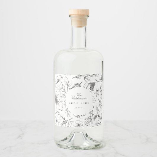 美しいフローラモノグラム結婚スケッチ リキュールボトルラベル (正面)