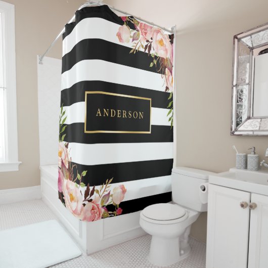 美しいフローララップ金ゴールドフレエレガントームストライプ シャワーカーテン (インサイチュ)