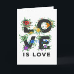 美しいフローララブイズラブプライド カード<br><div class="desc">LOVE IS LOVEのプライドあいさつ書きはっきりした飾は、虹のプライド旗の色によって赤、オレンジ、黄、緑、緑、青、紫の緑、果実と花の黒い文字でラヴ。</div>