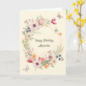 美しいフローラリースと蝶誕生日 カード (黄色い花)