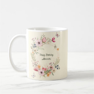 美しいフローラリースと蝶誕生日 コーヒーマグカップ