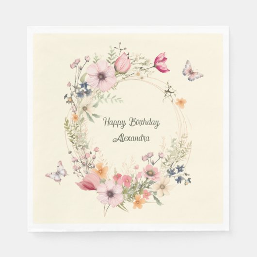 美しいフローラリースと蝶誕生日 スタンダードランチョンナプキン (正面)
