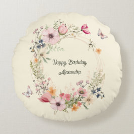 美しいフローラリースと蝶誕生日 ラウンドクッション
