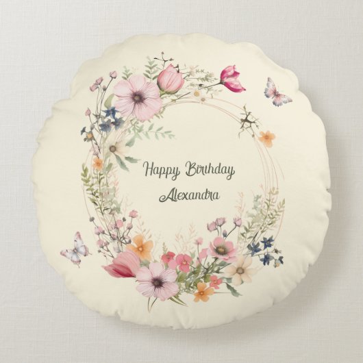 美しいフローラリースと蝶誕生日 ラウンドクッション (正面)