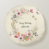 美しいフローラリースと蝶誕生日 ラウンドクッション (裏面)