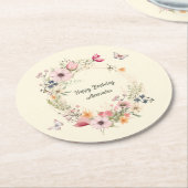 美しいフローラリースと蝶誕生日 ラウンドペーパーコースター (アングル)