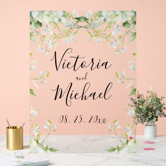 美しいフローラワイルドフラワーニュートラル結婚カラー アクリルサイン (ウェディング)