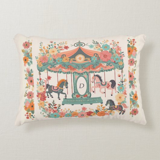 美しいフローラ回転木馬ホースカスタムモノグラム アクセントクッション (正面)