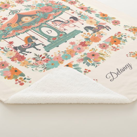 美しいフローラ回転木馬ホースカスタムモノグラム シェルパブランケット (3/4)