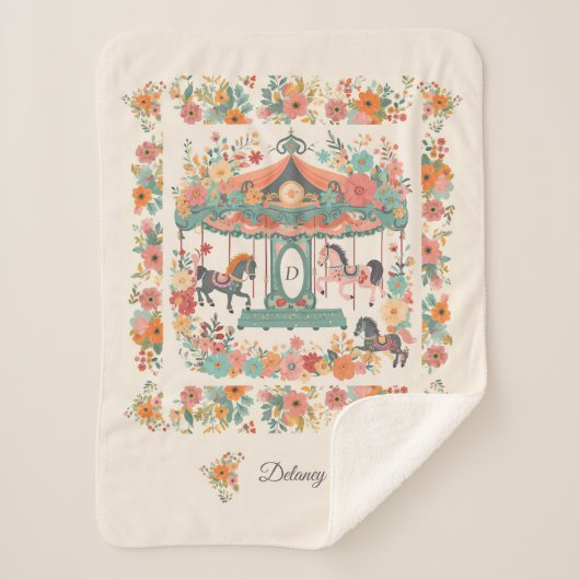 美しいフローラ回転木馬ホースカスタムモノグラム シェルパブランケット (正面)