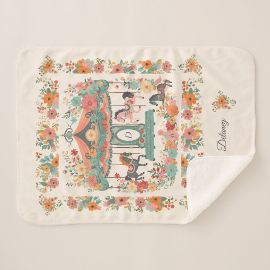 美しいフローラ回転木馬ホースカスタムモノグラム シェルパブランケット (正面(横))