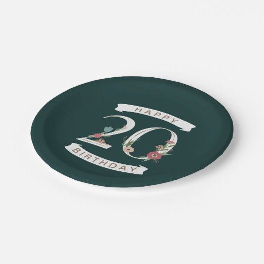 美しいフローラ数字20誕生日 ペーパープレート (アングル)