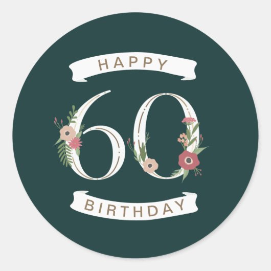 美しいフローラ数字60誕生日 ラウンドシール (正面)