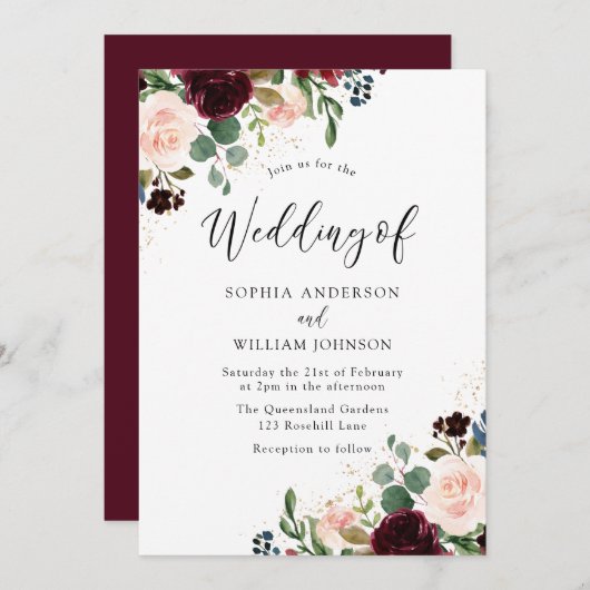 美しいフローラ水色ブルゴーニュ結婚ーズ 招待状 (正面/裏面)