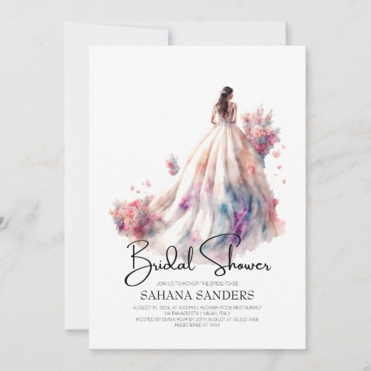 美しいフローラ結婚ズドレスブライダルシャワー 招待状 (正面)
