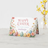 美しいフローラ装飾ハッピーイースター娘 カード (黄色い花)