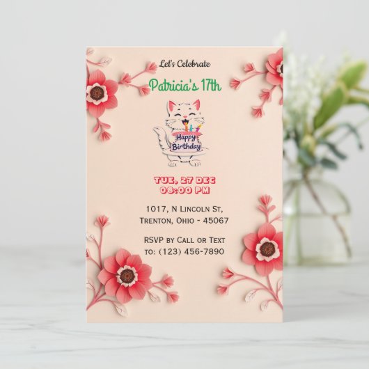 美しいフローラ誕生日カードとピンクの花 招待状 (スタンド正面)