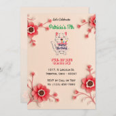 美しいフローラ誕生日カードとピンクの花 招待状 (正面/裏面)