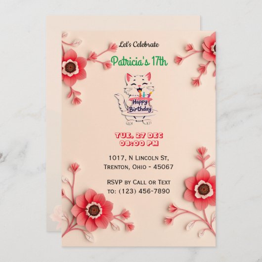 美しいフローラ誕生日カードとピンクの花 招待状 (正面/裏面)