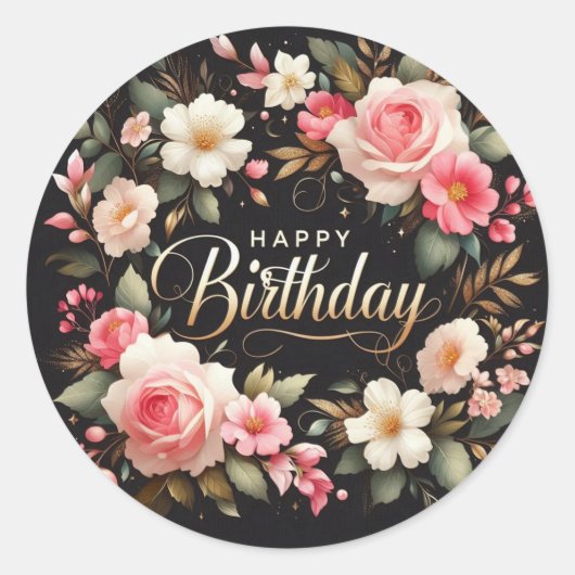 美しいフローラ誕生日シール: "HappyBirthday" ラウンドシール (正面)