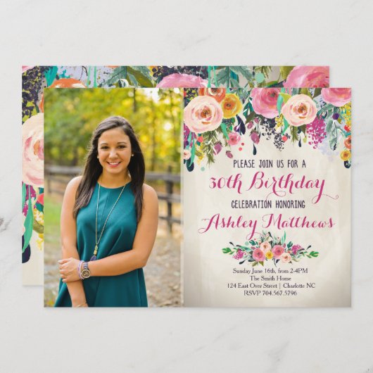 美しいフローラ誕生日招待状 招待状 (正面/裏面)