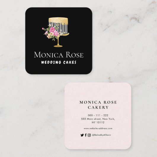 美しいフローラ金ゴールドと黒いカスタムケーキ屋 スクエア名刺 (正面/裏面)