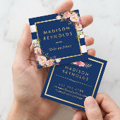 美しいフローラ金ゴールドフレームネイビーホワイトストライプズ スクエア名刺