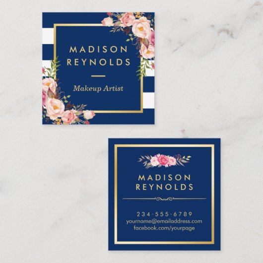 美しいフローラ金ゴールドフレームネイビーホワイトストライプズ スクエア名刺 (正面/裏面)