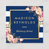 美しいフローラ金ゴールドフレームネイビーホワイトストライプズ スクエア名刺 (正面)