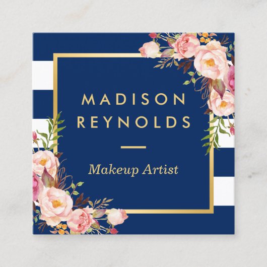 美しいフローラ金ゴールドフレームネイビーホワイトストライプズ スクエア名刺 (正面)