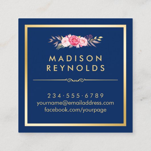 美しいフローラ金ゴールドフレームネイビーホワイトストライプズ スクエア名刺 (裏面)