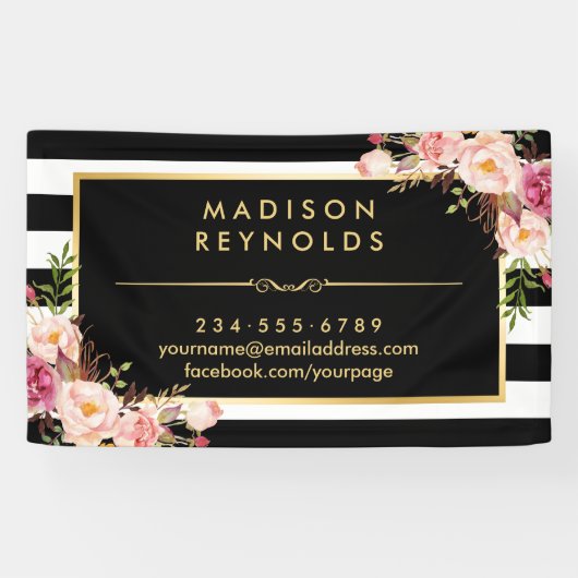 美しいフローラ金ゴールドフレーム白黒ストライプ 横断幕 (横)