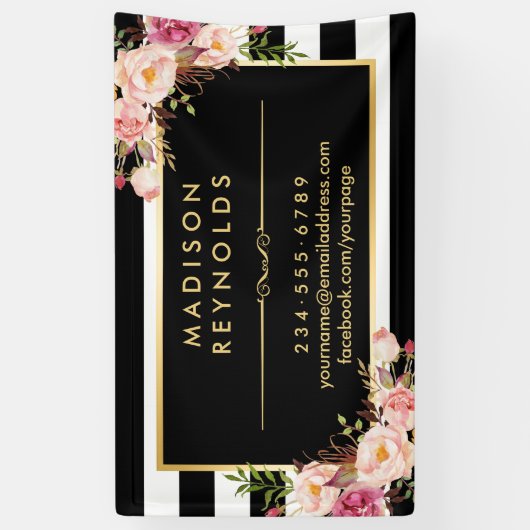 美しいフローラ金ゴールドフレーム白黒ストライプ 横断幕 (縦)