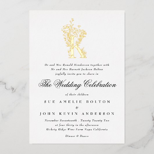 美しいフローラ金ゴールドモノグラム結婚スケッチのFo 箔招待状 (正面)