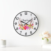 美しいフローラ鹿〔雄ジカの〕枝角 ラージ壁時計 (ホーム)