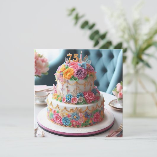 美しいフローラ75番目のお誕生日ケーキ カード (スタンド正面)