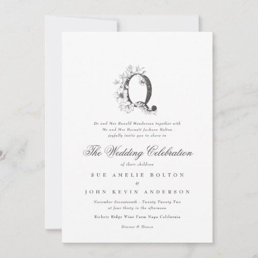 美しいフローラ「Q」モノグラムのスケッチ結婚ズ 招待状 (正面)