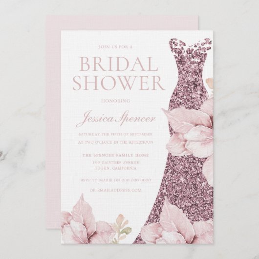 美しいブライダルシャワー赤面バラ金ゴールドドレス 招待状 (正面/裏面)