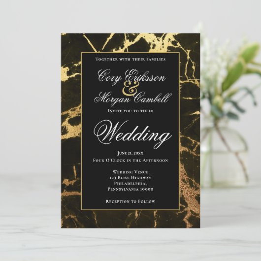 美しいブラックとゴールドのマーブル模様の結婚式 案内状 (スタンド正面)
