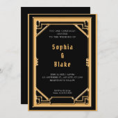 美しいブラックと金ゴールドのアールデコ結婚の 招待状 (正面/裏面)
