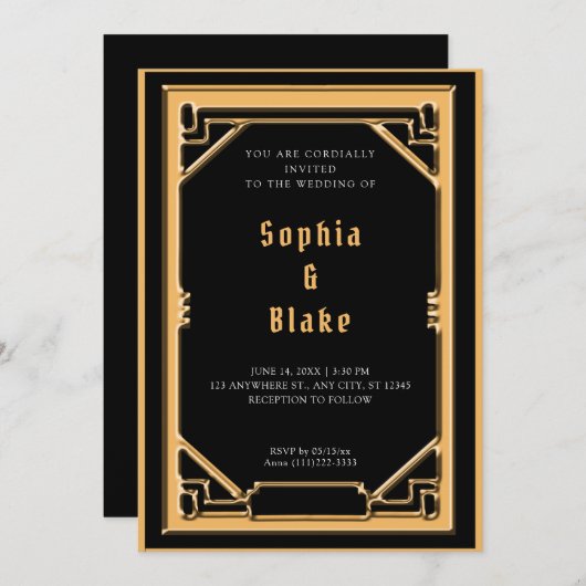 美しいブラックと金ゴールドのアールデコ結婚の 招待状 (正面/裏面)